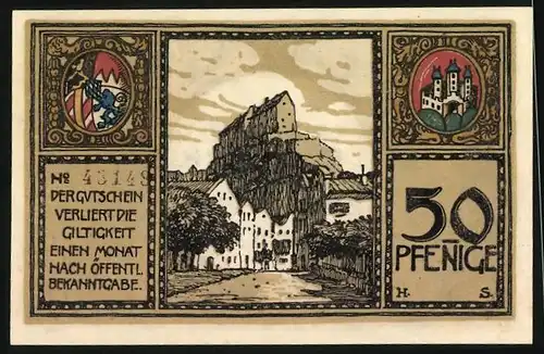 Notgeld Burghausen 1918, 50 Pfennig, Strassenpartie mit Blick in den Ort