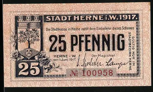 Notgeld Herne i. W. 1917, 25 Pfennig, Wappen, Bergarbeiter mit Lampe im Schacht