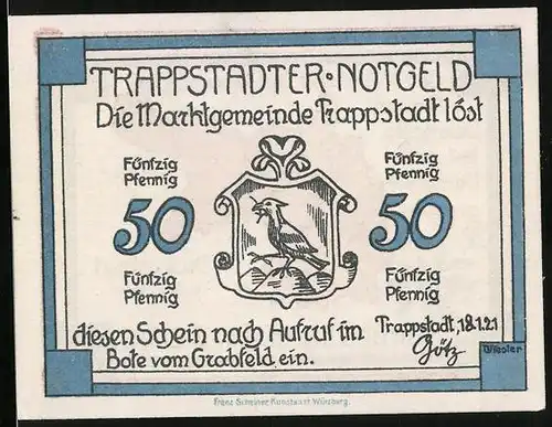 Notgeld Trappstadt 1921, 50 Pfennig, Wappen mit Vogel, Landkarte 1871