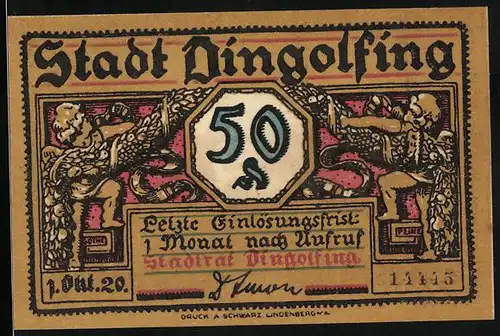 Notgeld Dingolfing 1920, 50 Pfennig, Engel schmücken, Strassenpartie mit Brunnen