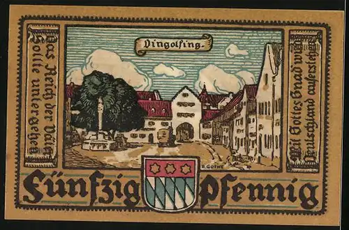 Notgeld Dingolfing 1920, 50 Pfennig, Engel schmücken, Strassenpartie mit Brunnen