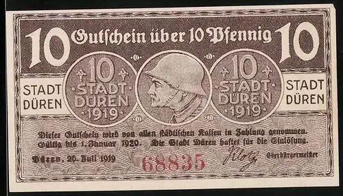 Notgeld Düren 1919, 10 Pfennig, Münzen mit Soldatenkopf