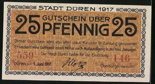 Notgeld Düren 1917, 25 Pfennig, Blick auf den Turm