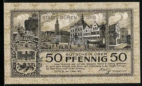 Notgeld Düren 1918, 50 Pfennig, Wappen, Strassenbahn und grosse Gebäude, Ehrenbürger
