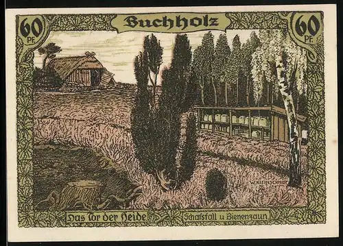 Notgeld Buchholz 1921, 60 Pfennig, Tor der Heide, Schafsfall u. Bienenzaun