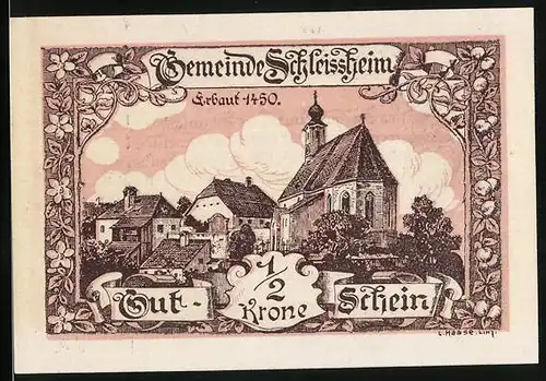 Notgeld Schleissheim 1920, 1 /2 Krone, Ortsansicht mit Kirche