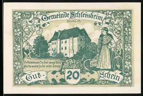 Notgeld Schleissheim 1920, 20 Heller, Ansicht Dietach, Frau mit Korb