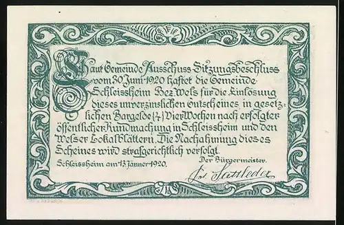 Notgeld Schleissheim 1920, 20 Heller, Ansicht Dietach, Frau mit Korb