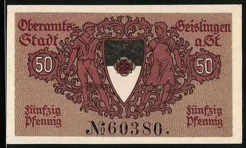 Notgeld Geislingen a. St. 1920, 50 Pfennig, Zwei Arbeiter halten Wappen