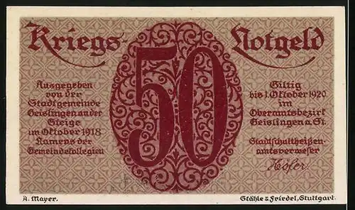 Notgeld Geislingen a. St. 1920, 50 Pfennig, Zwei Arbeiter halten Wappen