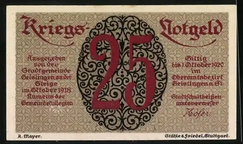 Notgeld Geislingen a. St. 1920, 25 Pfennig, Junge Arbeiter nebst Wappen