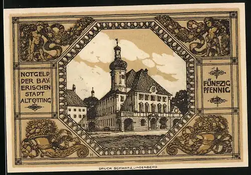 Notgeld Altötting, 50 Pfennig, Blick auf die Kirche, Wappen