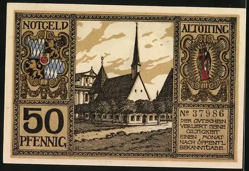 Notgeld Altötting, 50 Pfennig, Blick auf die Kirche, Wappen