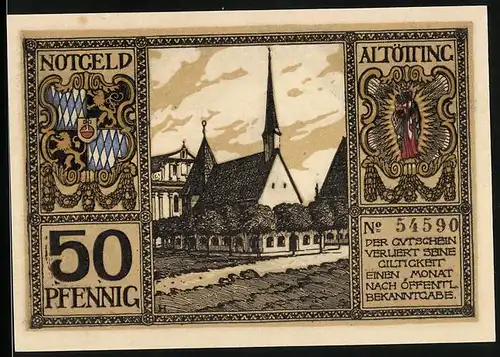 Notgeld Altötting, 50 Pfennig, Wappen, Strassenpartie mit Kirche