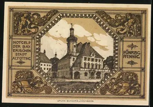 Notgeld Altötting, 50 Pfennig, Wappen, Strassenpartie mit Kirche