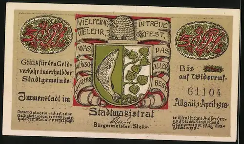 Notgeld Immenstadt i. Allgäu 1918, 50 Pfennig, Soldaten mit Pferden in den Bergen, Wappen mit Fisch