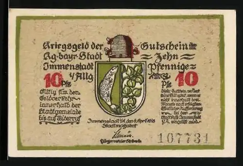 Notgeld Immenstadt i. Allg., 10 Pfennig, Wappen mit Fisch, Soldat mit Schild und Schwert