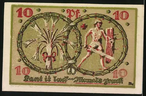 Notgeld Immenstadt i. Allg., 10 Pfennig, Wappen mit Fisch, Soldat mit Schild und Schwert