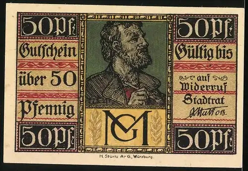 Notgeld Aschaffenburg 1920, 50 Pfennig, Burgtor mit Heiligem, Maler