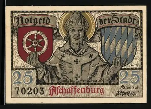 Notgeld Aschaffenburg, 25 Pfennig, Heiliger mit Wappen, Mann mit Horn und Speer