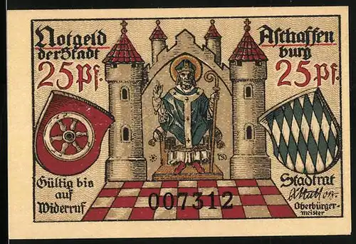 Notgeld Aschaffenburg, 25 Pfennig, Heiliger unter dem Burgtor, Wappen, Hirsch im Wald