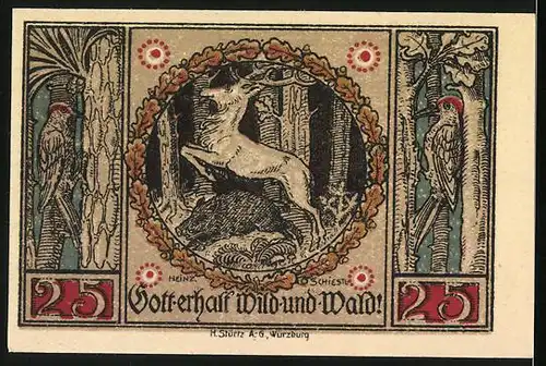 Notgeld Aschaffenburg, 25 Pfennig, Heiliger unter dem Burgtor, Wappen, Hirsch im Wald
