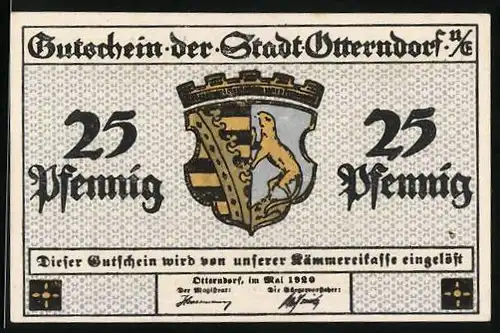 Notgeld Otterndorf n. E. 1920, 25 Pfennig, Wappen, Segelschiffe am Hafen