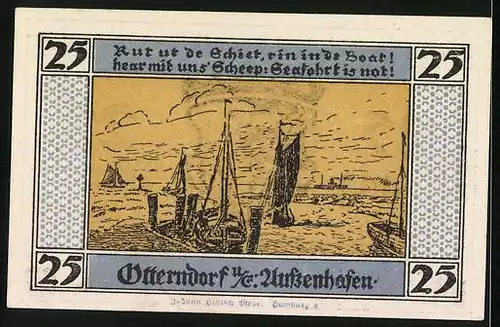 Notgeld Otterndorf n. E. 1920, 25 Pfennig, Wappen, Segelschiffe am Hafen