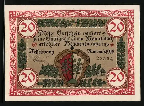 Notgeld Nesselwang 1918, 20 Mark, Ansicht der Kirche, Wappen