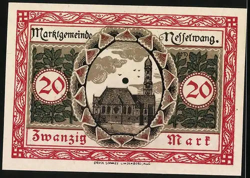 Notgeld Nesselwang 1918, 20 Mark, Ansicht der Kirche, Wappen