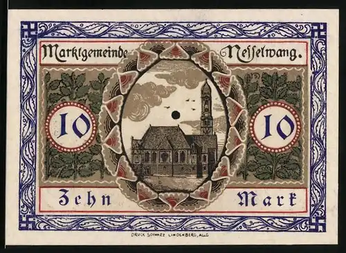 Notgeld Nesselwang 1918, 10 Mark, Blick zur Kirche, Wappen