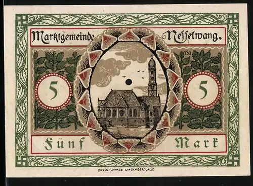 Notgeld Nesselwang 1918, 5 Mark, Seitenansicht der Kirche