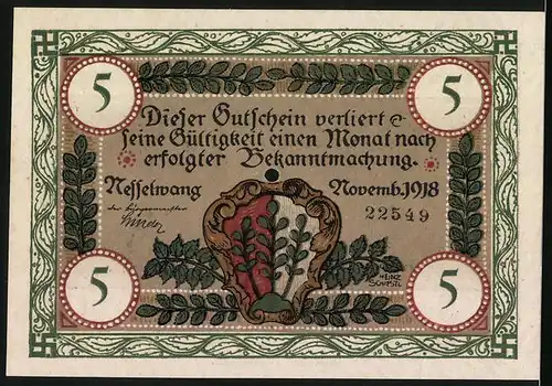 Notgeld Nesselwang 1918, 5 Mark, Seitenansicht der Kirche