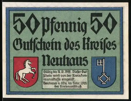 Notgeld Neuhaus 1922, 50 Pfennig, Wappen, Windmühle