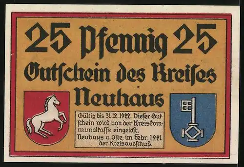 Notgeld Neuhaus 1922, 25 Pfennig, Kleines Bauernhaus, Wappen