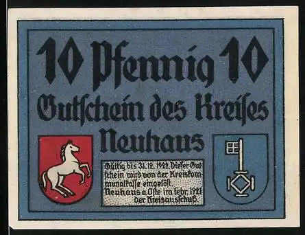 Notgeld Neuhaus 1922, 10 Pfennig, Wappen mit Pferd und Schlüssel, Bäuerin