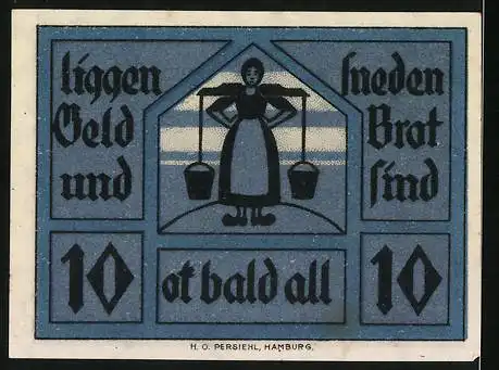 Notgeld Neuhaus 1922, 10 Pfennig, Wappen mit Pferd und Schlüssel, Bäuerin