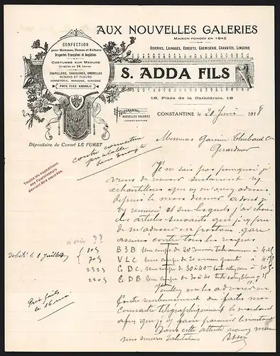 Rechnung Constantine 1918, S. Adda Fils, Aux Nouvelles Galeries, Confection pour Hommes, Dames et Enfants