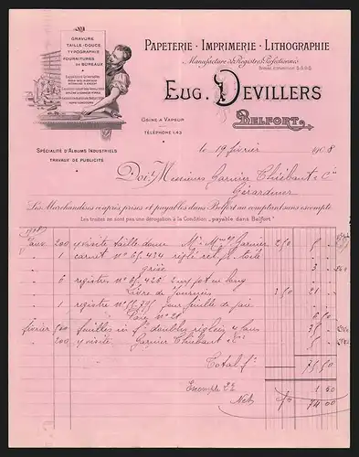 Rechnung Belfort 1908, Eug. Devillers Papeterie, Imprimerie, Lithographie, Arbeiter in der Papierwerkstatt