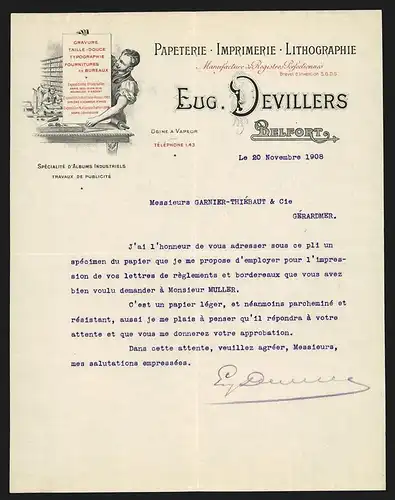 Rechnung Belfort 1908, Eug. Devillers Papeterie, Imprimerie, Lithographie, Arbeiter in der Papierwerkstatt