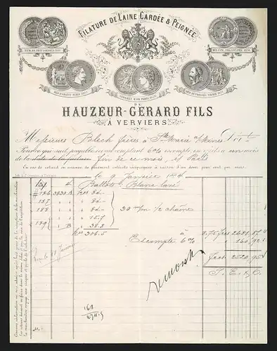 Rechnung Verviers 1884, Hauzeur-Gerard Fils, Filature de Laine Cardée & Peignée, Wappen und Auszeichnungen
