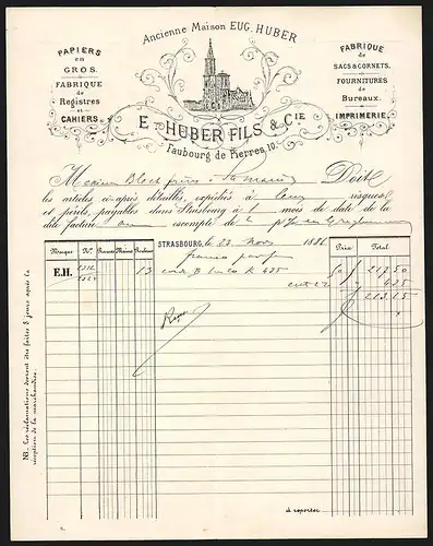 Rechnung Strasbourg 1886, E. Huber Fils & Cie., Papiers en gros, Fabrique de Registres et Cahiers, Blick auf eine Kirche