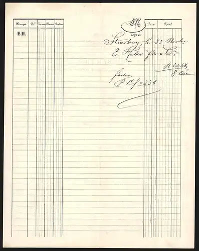 Rechnung Strasbourg 1886, E. Huber Fils & Cie., Papiers en gros, Fabrique de Registres et Cahiers, Blick auf eine Kirche