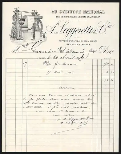 Rechnung Paris 1889, A. Leggeretti & Cie. Au Cylindre National, Apprèts d`Ètoffes en tous Genres, Webemaschine