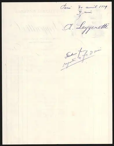 Rechnung Paris 1889, A. Leggeretti & Cie. Au Cylindre National, Apprèts d`Ètoffes en tous Genres, Webemaschine