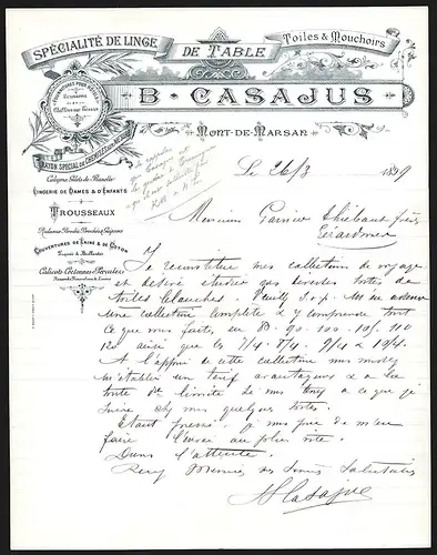 Rechnung Mont-de-Marsan 1899, B. Casajus, Spécialité de Linge de Table, Toiles & Mouchoirs