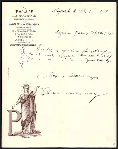 Rechnung Angers 1889, Au Palais des Marchands, Nouveautés & D`Ameublements, Rue Baudrière 75-79, Frau mit Waage