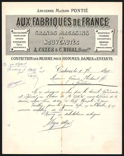 Rechnung Cahors 1889, Aux Fabriques de France, A. Cazes & C. Rigal Succ., Grands Magasins de Nouveautés