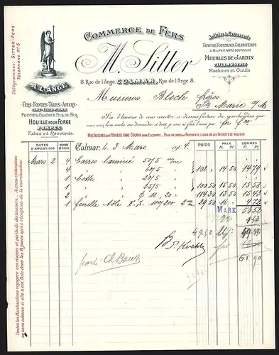 Rechnung Colmar 1904, M. Sitter, Commerce de Fers, Articles de Carrosserie, Rue de l`Ange 8, Engel mit einem Speer, Logo