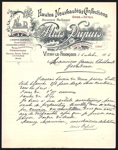 Rechnung Vitry-le-Francois 1904, Alias-Dupuis, Hautes Nouveautés & Confections Gros et Détail, Firmenlogo